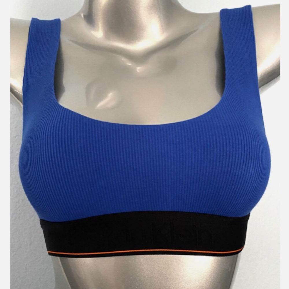 Calvin Klein Blue Cotton Blend Logo Band Ribbed U Back Stretch Bralette Bra S